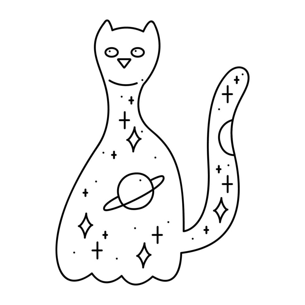 silhueta do uma fofa esotérico gato com a planetas e estrelas. rabisco vetor ilustração, clipart.