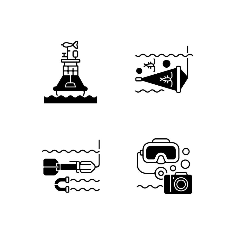 conjunto de ícones lineares pretos de exploração marinha vetor