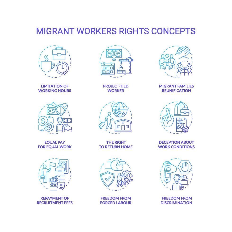 conjunto de ícones de conceito gradiente azul direito trabalhador migrante vetor