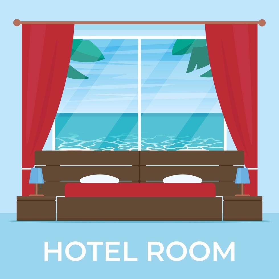 quarto de hotel com vista da praia e da paisagem do mar na janela vetor