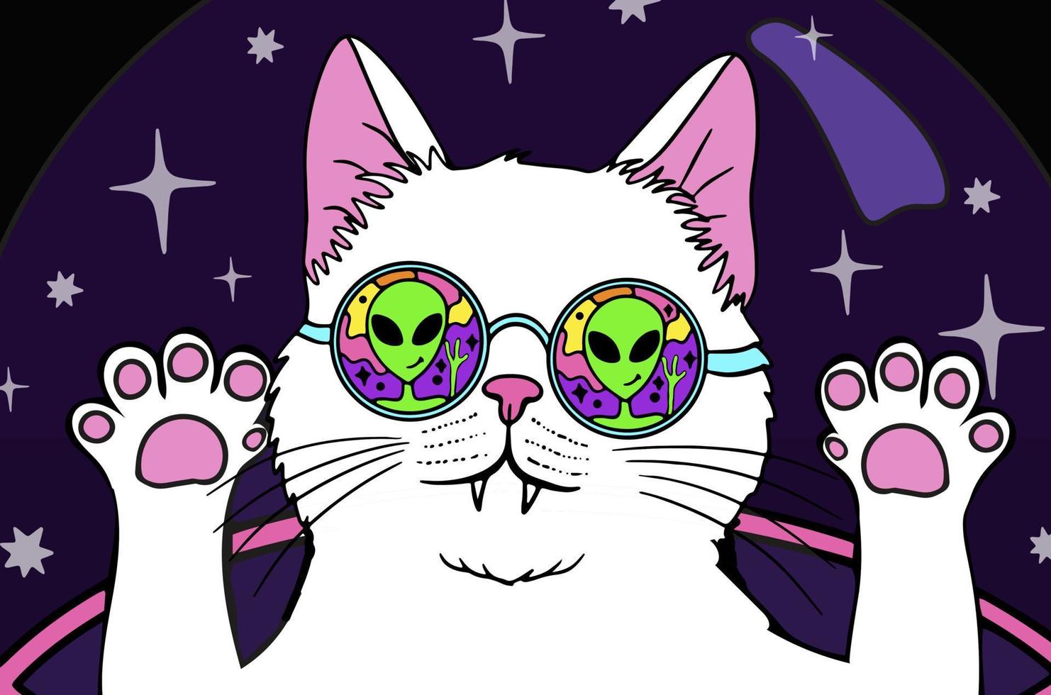 gato branco groovy psicodélico em óculos de sol, viagem espacial retrô vetor