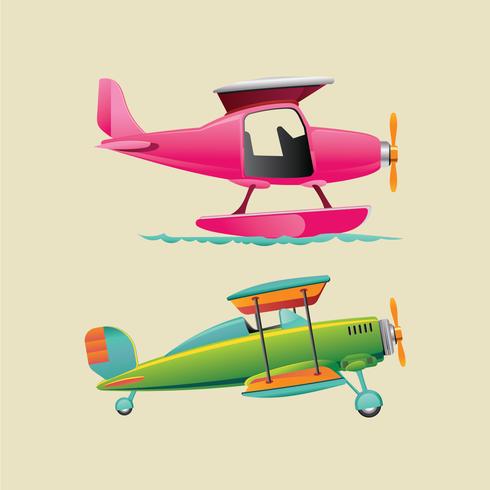 Biplano de aeronaves coloridas e monoplano com hélice vetor