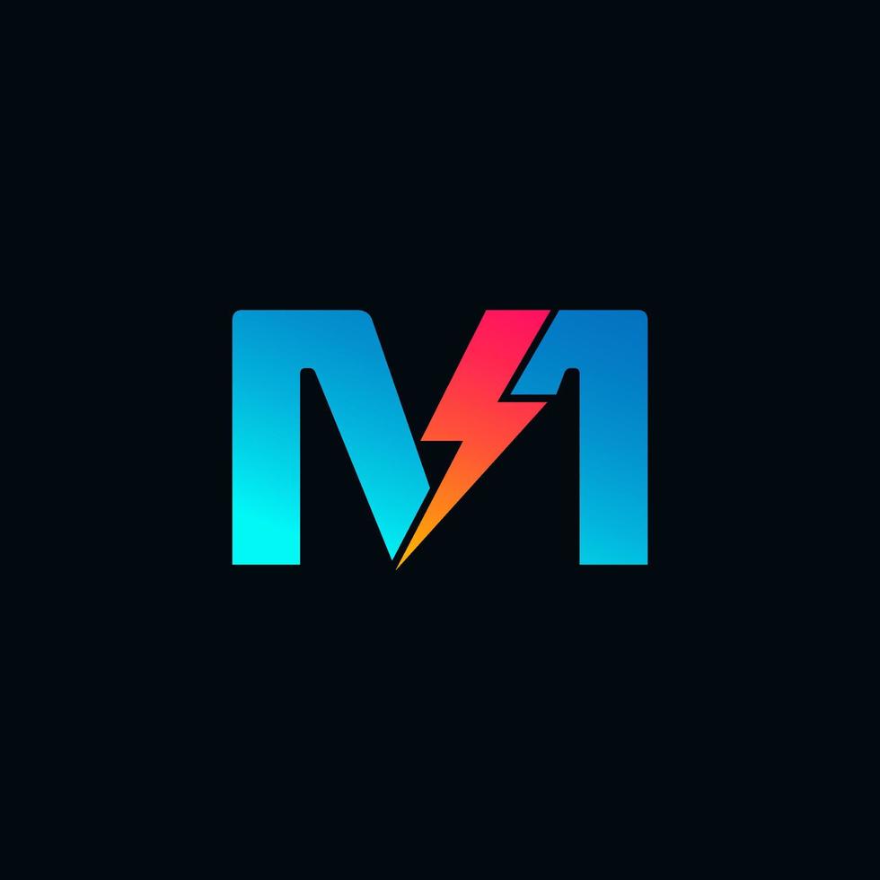 logotipo da letra m com design de vetor de raio e trovão. parafuso elétrico letra m logotipo ilustração em vetor.