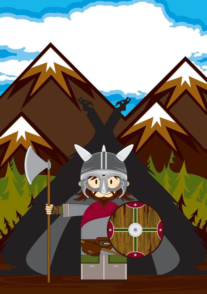fofa desenho animado viking Guerreiro com escudo e Machado norueguês história ilustração vetor