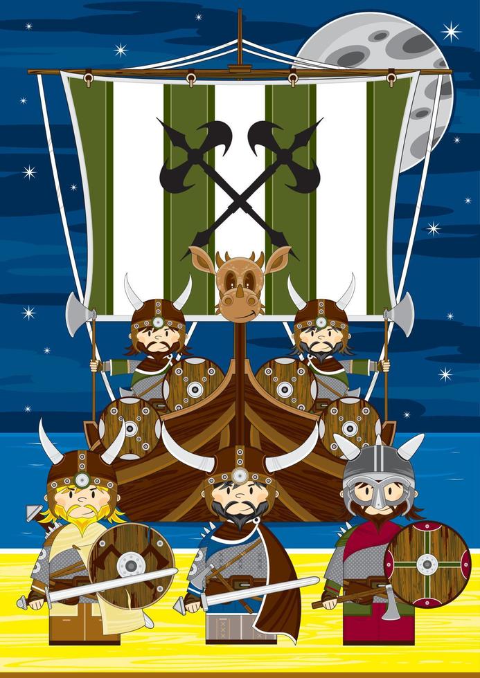 fofa desenho animado viking guerreiros e escaler norueguês história ilustração vetor