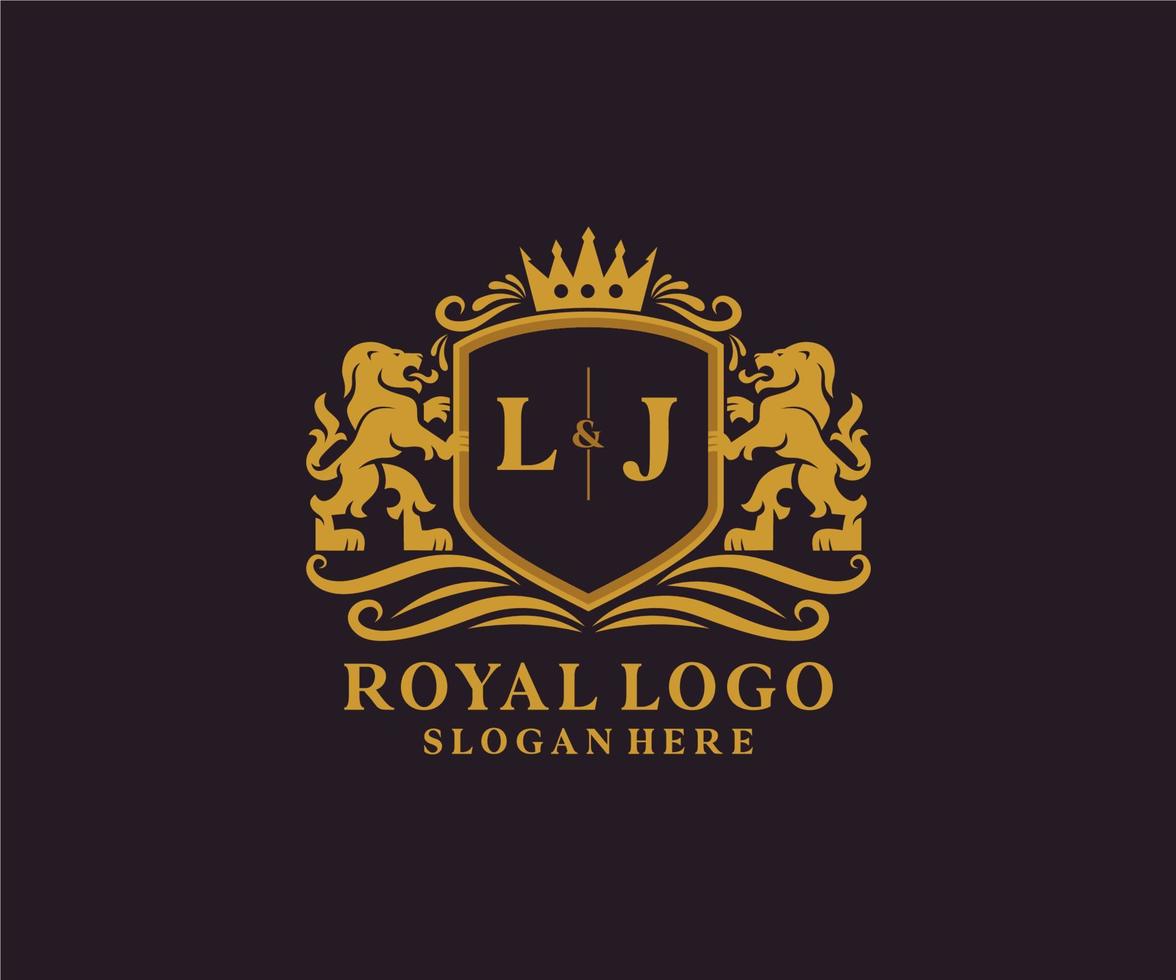 modelo de logotipo de luxo real de leão de letra inicial lj em arte vetorial para restaurante, realeza, boutique, café, hotel, heráldica, joias, moda e outras ilustrações vetoriais. vetor