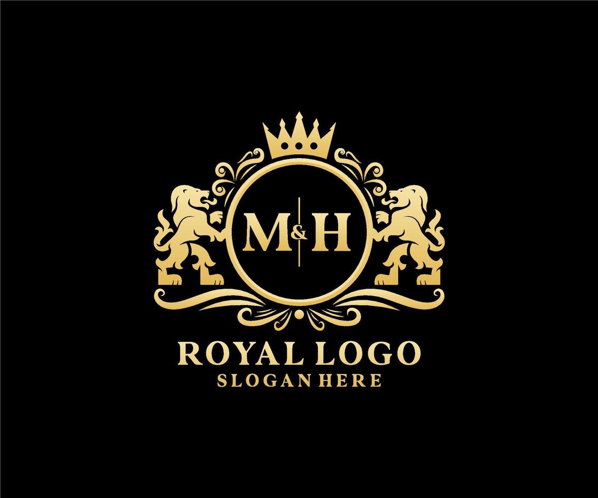 inicial mh letter lion royal luxo logotipo modelo em arte vetorial para restaurante, realeza, boutique, café, hotel, heráldica, joias, moda e outras ilustrações vetoriais. vetor