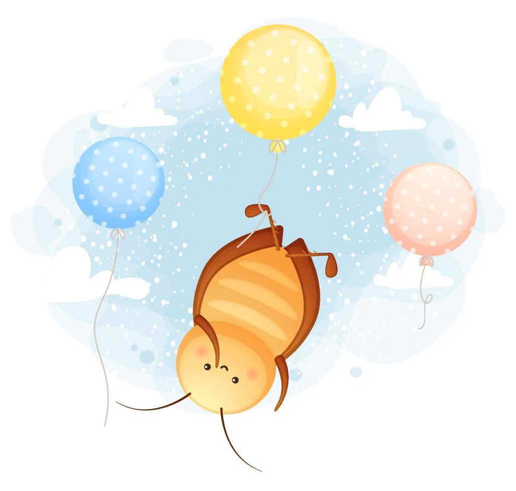 doodle fofo barata flutuando com balões no personagem de desenho animado do céu vetor