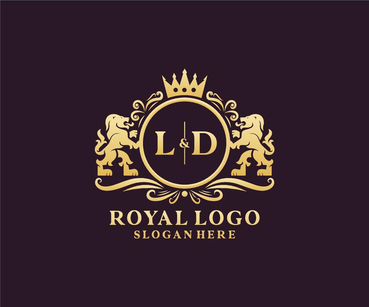 modelo de logotipo de luxo real de leão de letra ld inicial em arte vetorial para restaurante, realeza, boutique, café, hotel, heráldica, joias, moda e outras ilustrações vetoriais. vetor