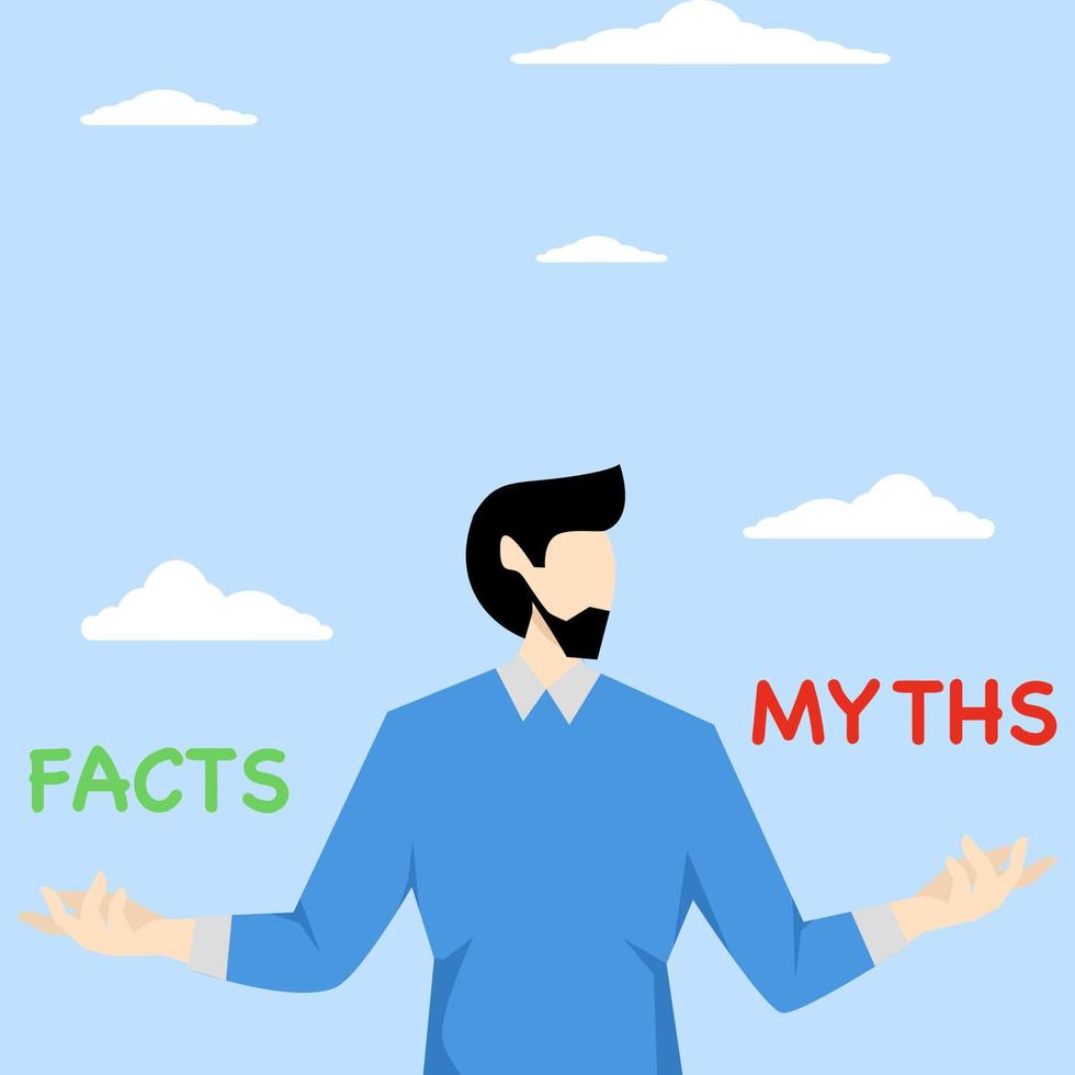 mitos vs fatos, informações verdadeiras ou falsas, notícias falsas ou ficcionais, conceito de conhecimento de realidade versus mitologia, empresário confuso e duvidoso pensando com curiosidade comparar fatos ou mitos. vetor