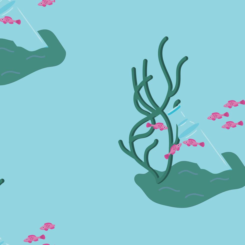 silhueta do uma Rosa peixe dentro uma garrafa. oceano poluição conceito. desatado padronizar. desenho animado estilo. vetor ilustração.