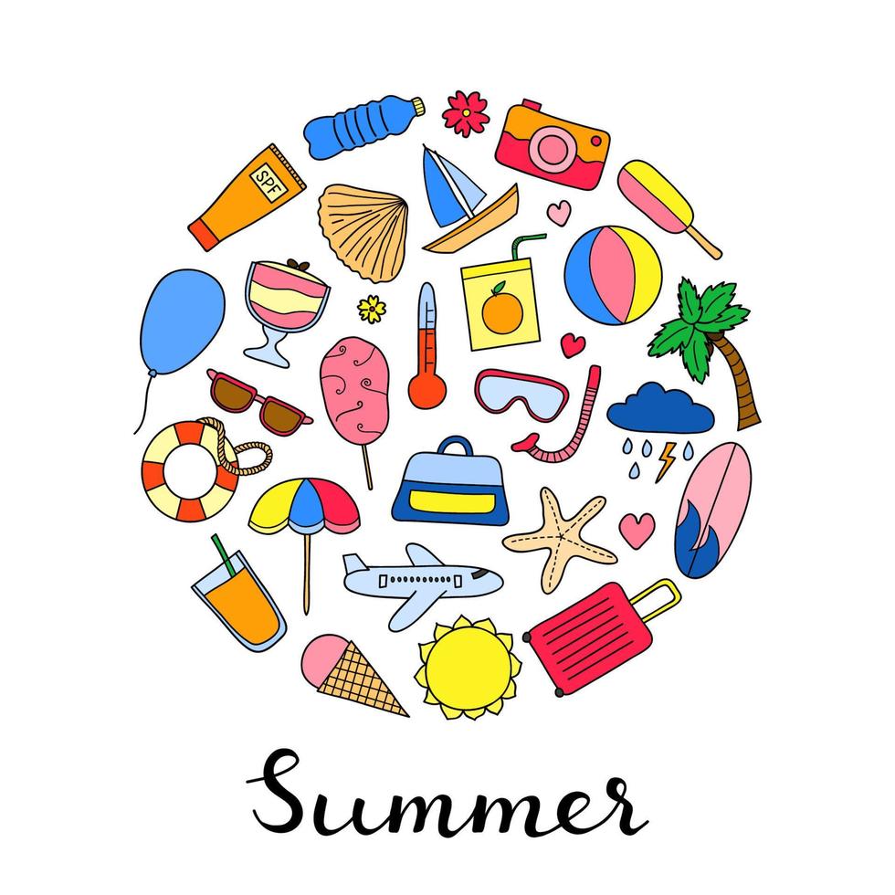 doodle itens de verão em círculo. vetor