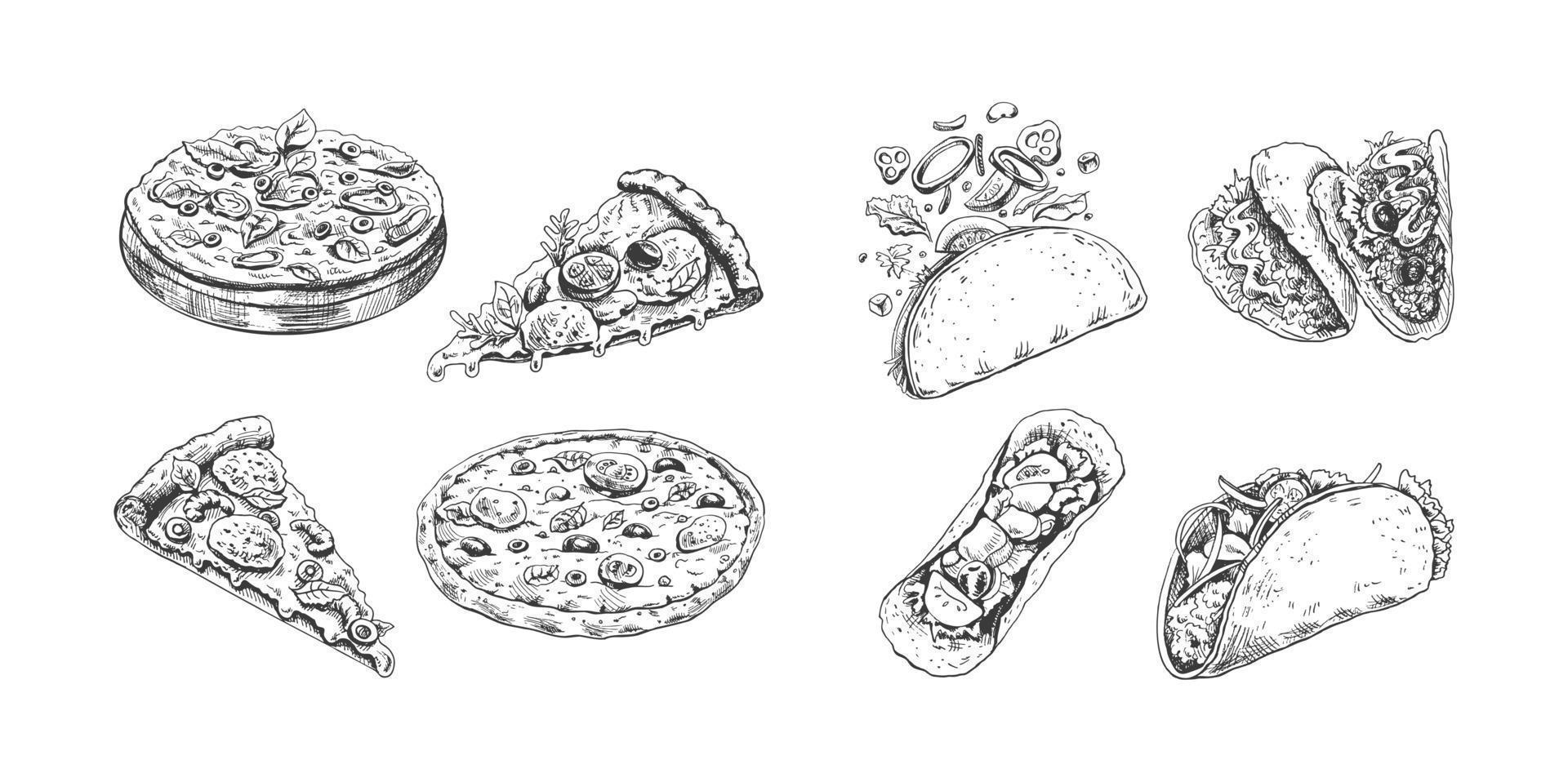 desenhado à mão esboço do pizza e tacos definir. diferente tipos do pizza e taco. vintage ilustração. elemento para a Projeto do rótulos, embalagem e cartões postais vetor