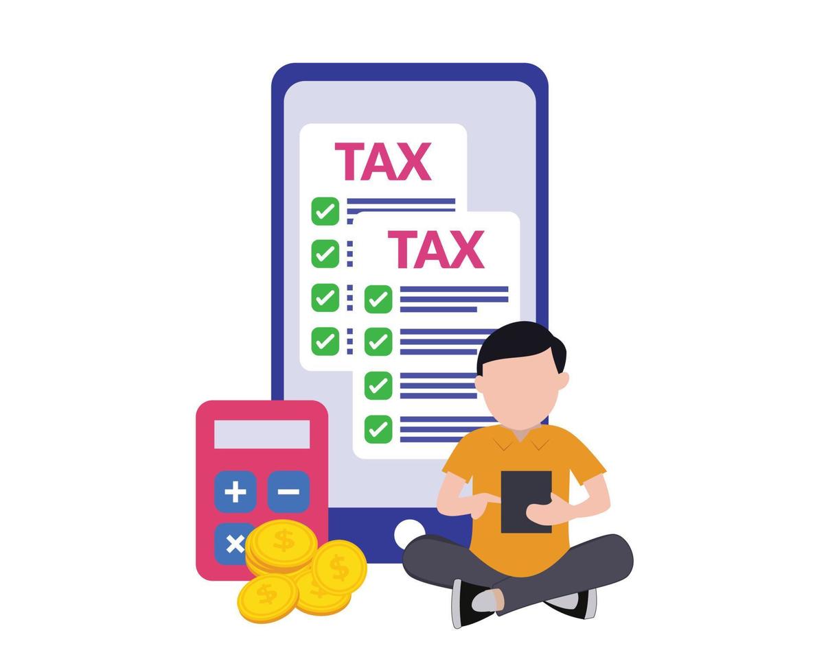 ilustração do uma homem pagando impostos conectados usando uma Smartphone. conectados imposto Forma de pagamento ícone vetor