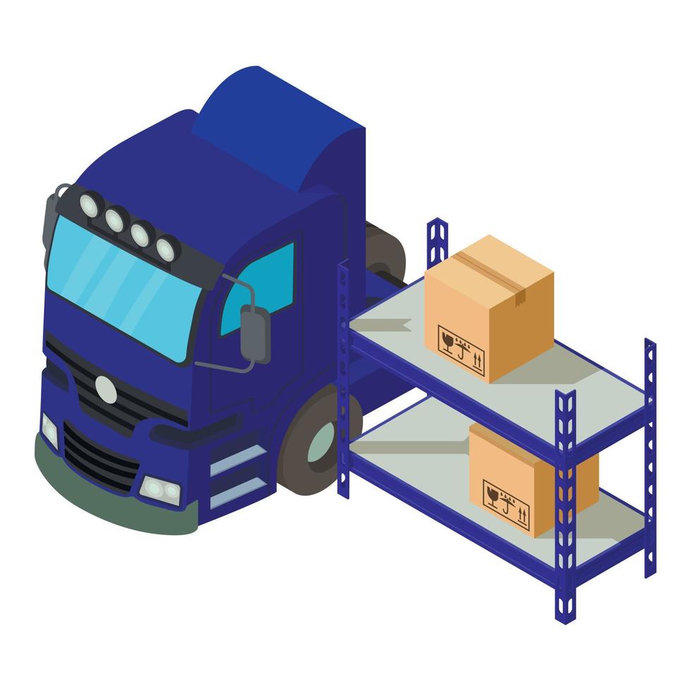 armazém logístico ícone isométrico vetor. grande caminhão perto armazém prateleira com caixa vetor