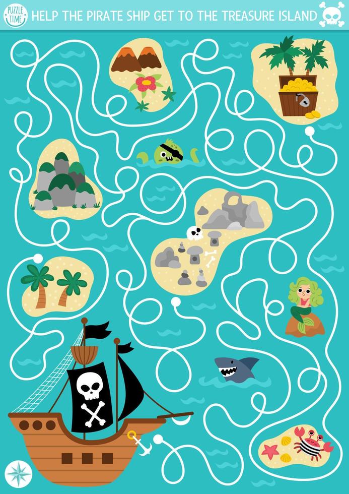 pirata Labirinto para crianças com marinho paisagem, enviar, ilhas. Tesouro caçar pré escola imprimível atividade. mar aventuras labirinto jogo, quebra-cabeça. Socorro a pirata navio pegue para a Tesouro ilha vetor