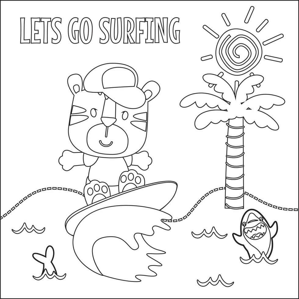 vetor ilustração do surfar Tempo com fofa pequeno animal às verão de praia. infantil Projeto para crianças atividade coloração livro ou página.