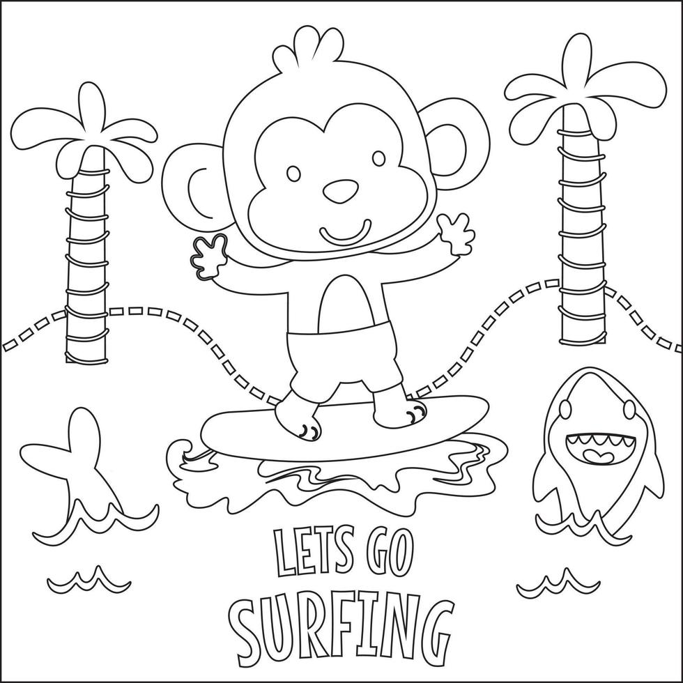 vetor ilustração do surfar Tempo com fofa pequeno animal às verão de praia. infantil Projeto para crianças atividade coloração livro ou página.