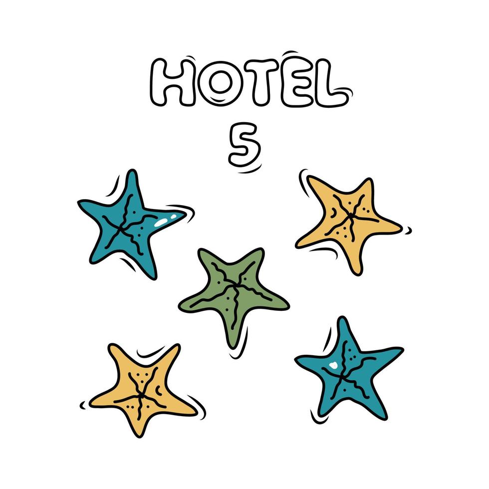 5 estrelas Avaliação hotel, topo serviço. mão desenhado esboçado cenário com cinco estrela do Mar. rabisco desenho animado ilustração em branco fundo vetor