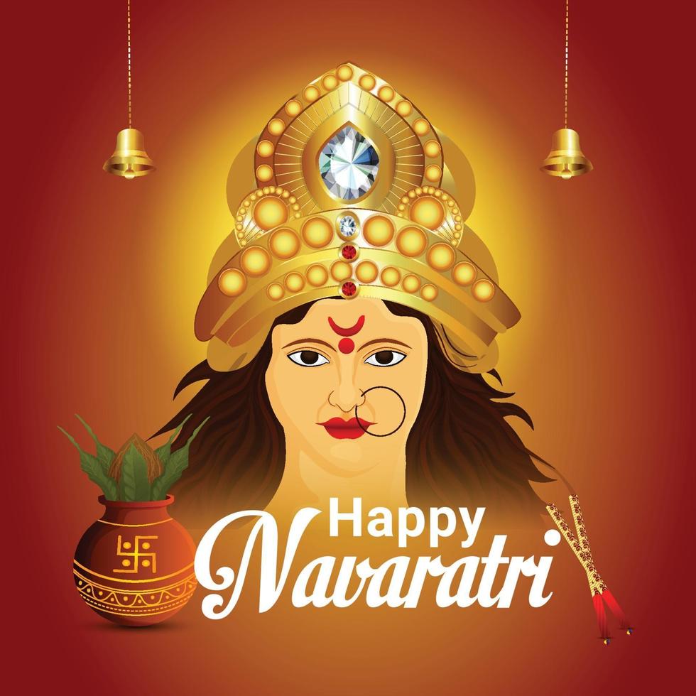 Cartão comemorativo realista feliz navratri festival indiano com ilustração do rosto da deusa Durga vetor