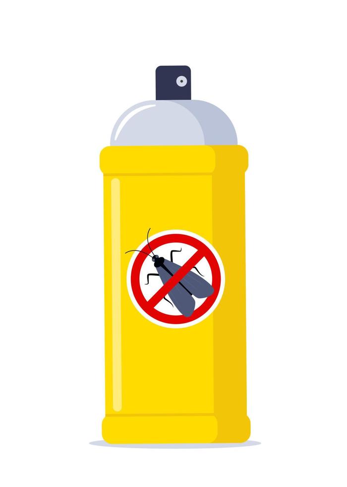 repelente spray dentro a amarelo garrafa. proteção a partir de a traça e de outros inseto. aerossol para erro mordida prevenção. Preto traça silhueta cruzado dentro vermelho círculo. vetor ilustração.