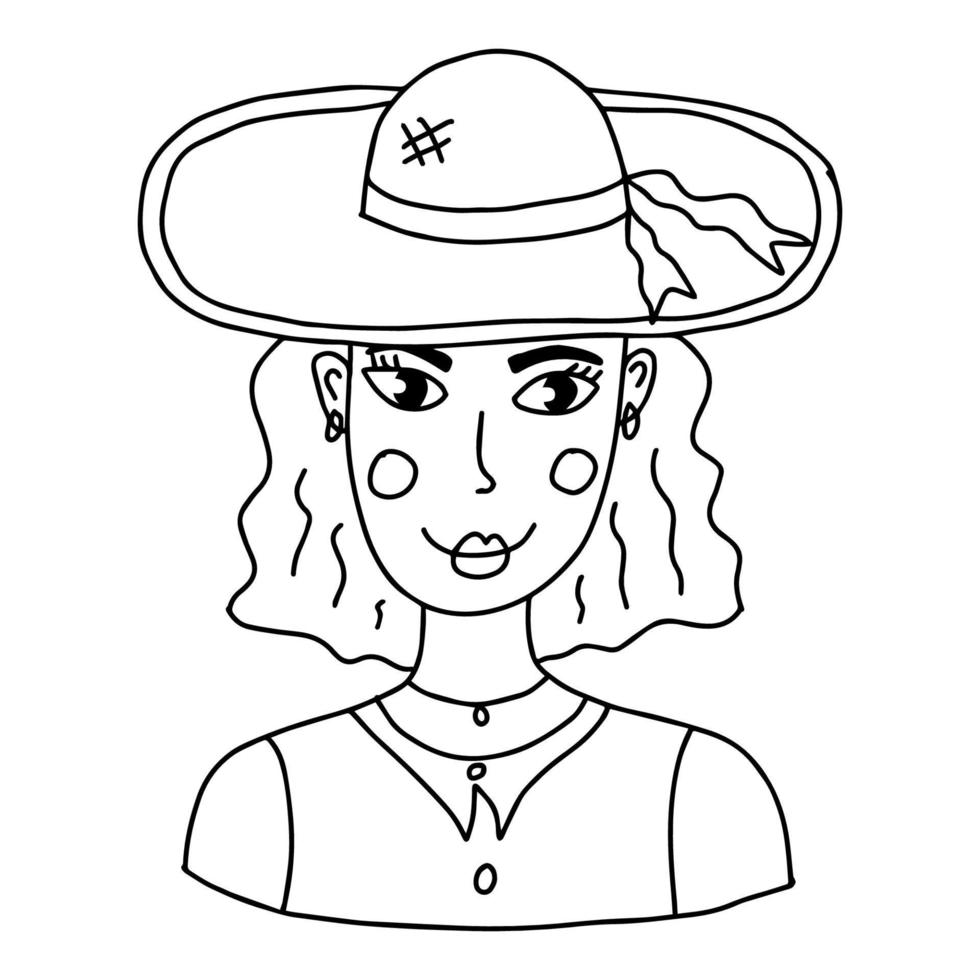 fofa desenho animado abstrato rabisco menina dentro a chapéu retrato isolado em branco fundo. mulher face. vetor
