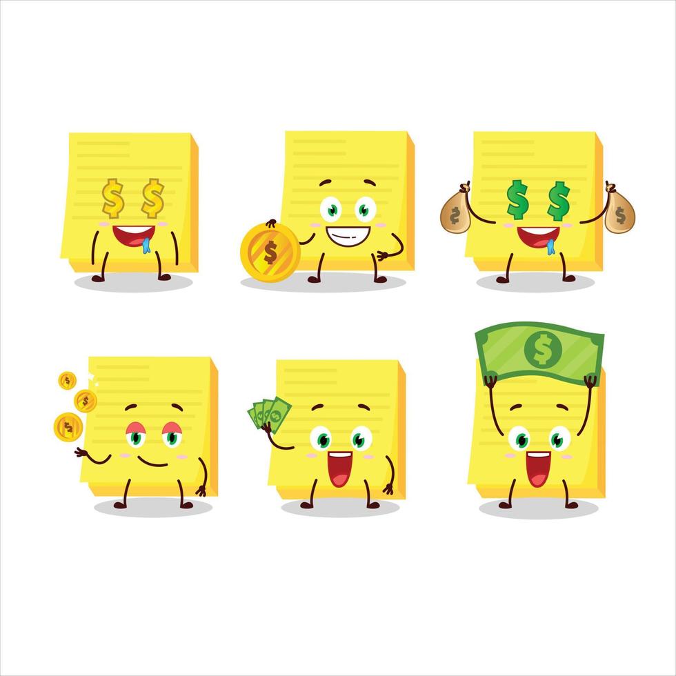 pegajoso notas amarelo desenho animado personagem com fofa emoticon trazer dinheiro vetor