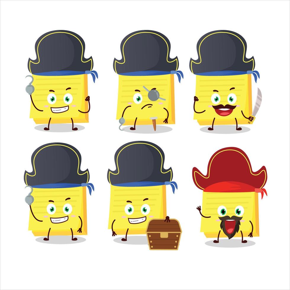 desenho animado personagem do pegajoso notas amarelo com vários piratas emoticons vetor