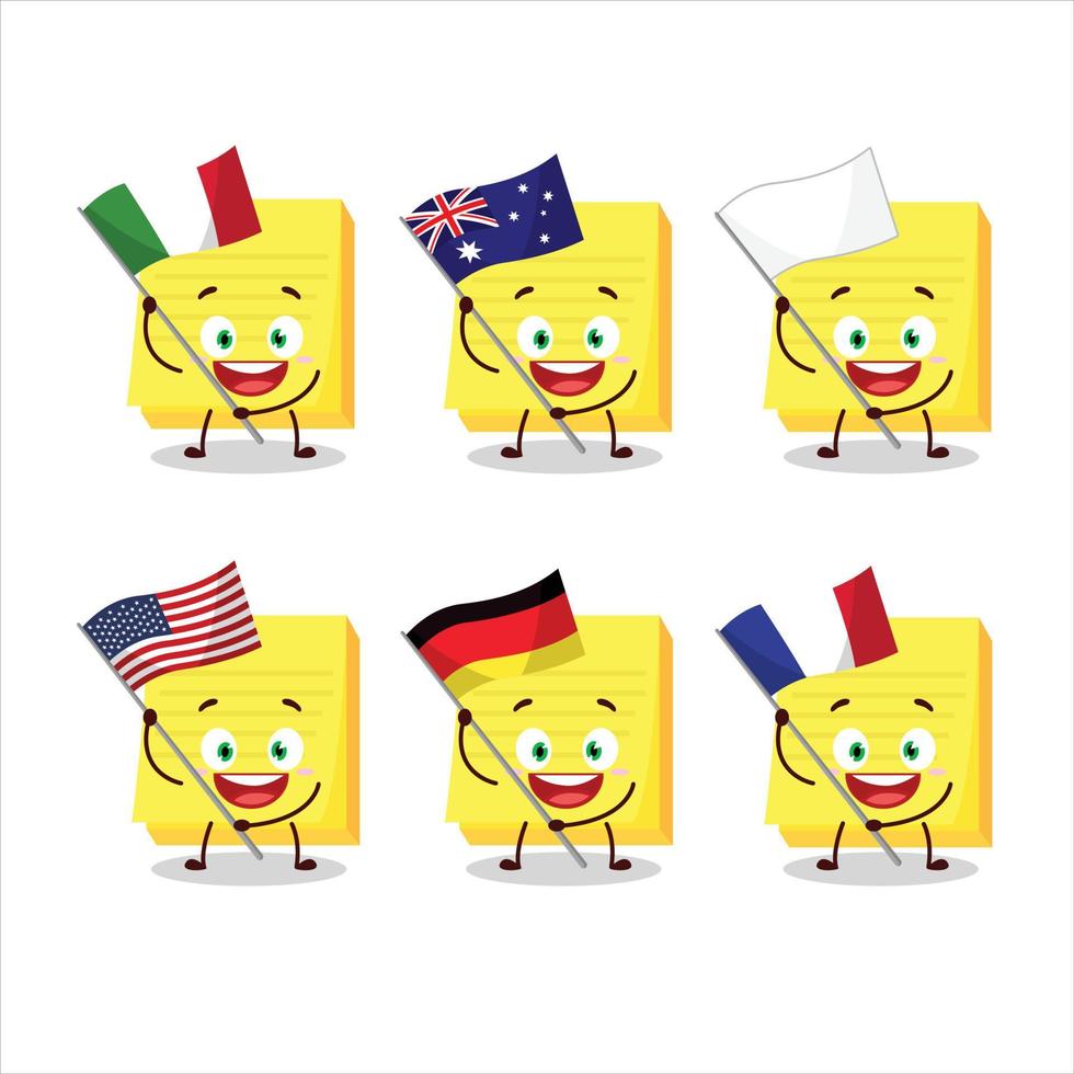 pegajoso notas amarelo desenho animado personagem trazer a bandeiras do vários países vetor