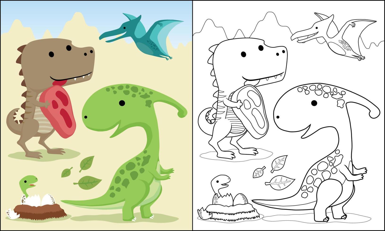 conjunto vetorial de desenhos animados de dinossauros, livro de colorir ou página vetor