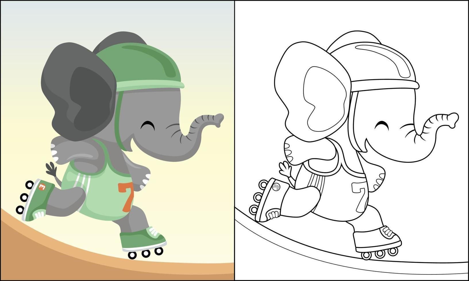 engraçado elefante desenho animado jogando rolo patim, coloração livro ou página vetor