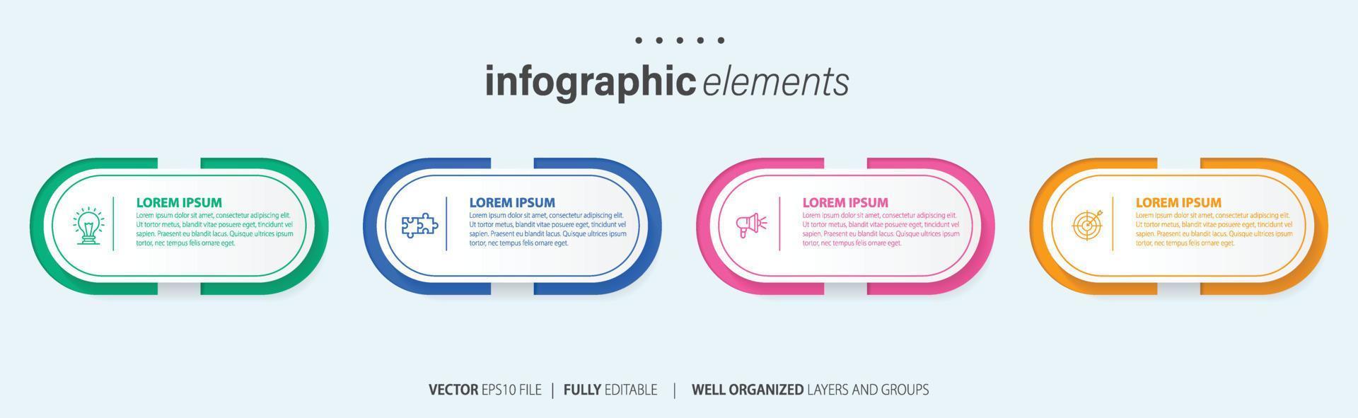 conceito do o negócio modelo com 4 sucessivo passos. quatro colorida gráfico elementos. Linha do tempo Projeto para folheto, apresentação. infográfico Projeto disposição vetor