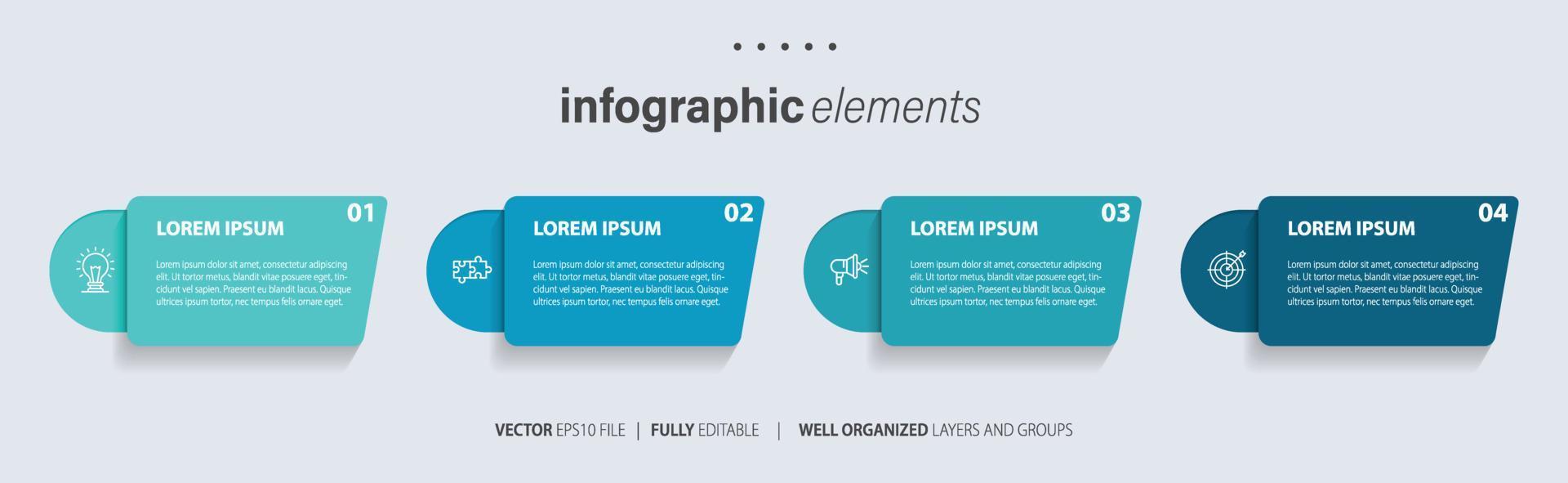 conceito do o negócio modelo com 4 sucessivo passos. quatro colorida gráfico elementos. Linha do tempo Projeto para folheto, apresentação. infográfico Projeto disposição vetor