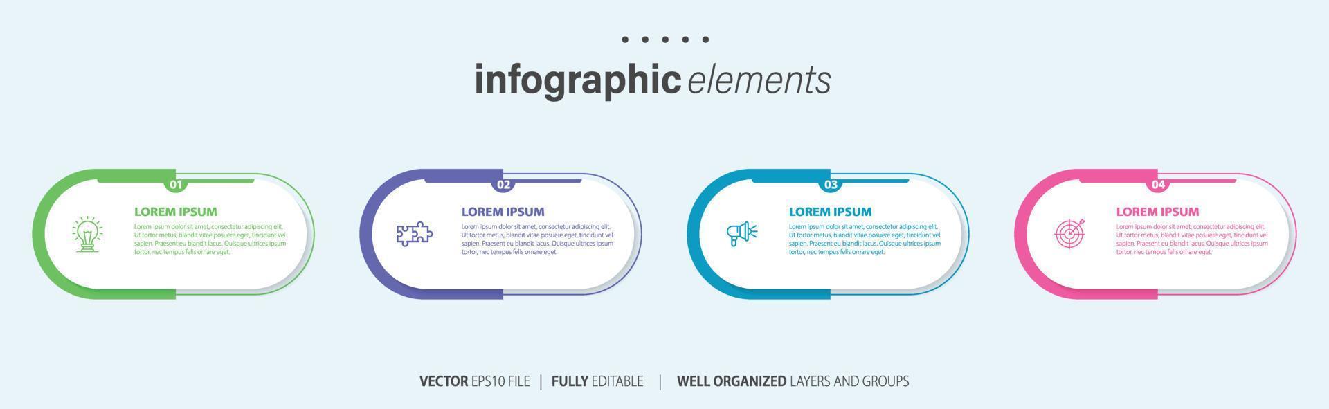 conceito do o negócio modelo com 4 sucessivo passos. quatro colorida gráfico elementos. Linha do tempo Projeto para folheto, apresentação. infográfico Projeto disposição vetor