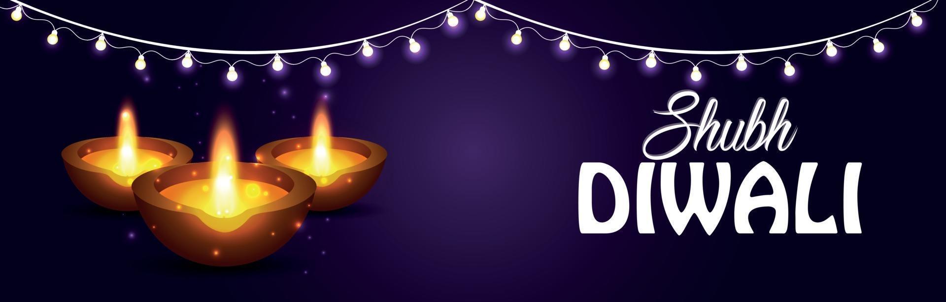 banner ou cabeçalho de feliz celebração de Diwali com luz e óleo de Diwali diya em fundo roxo vetor