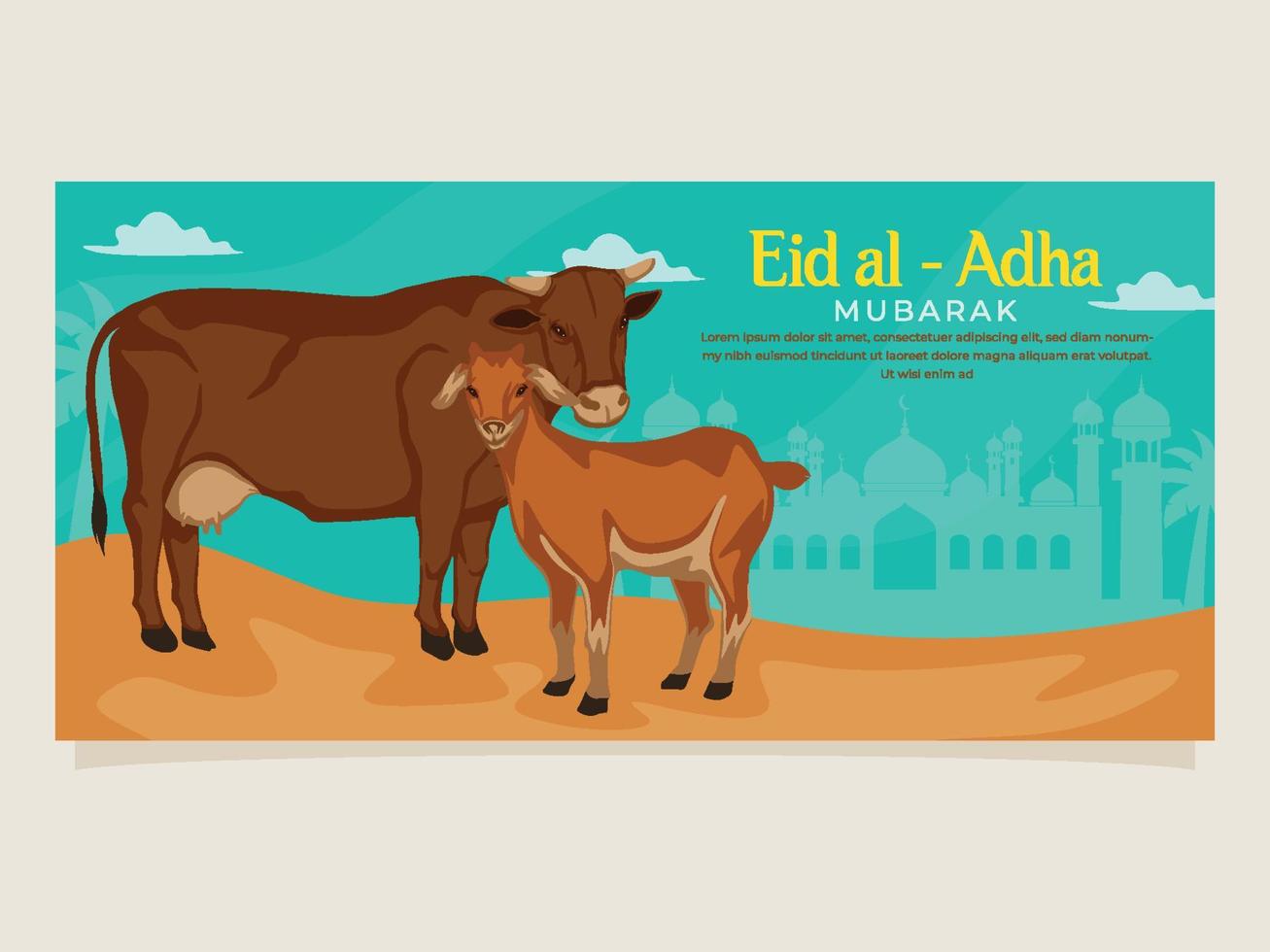 eid al adha Mubarak vaca bode bandeira ilustração vetor