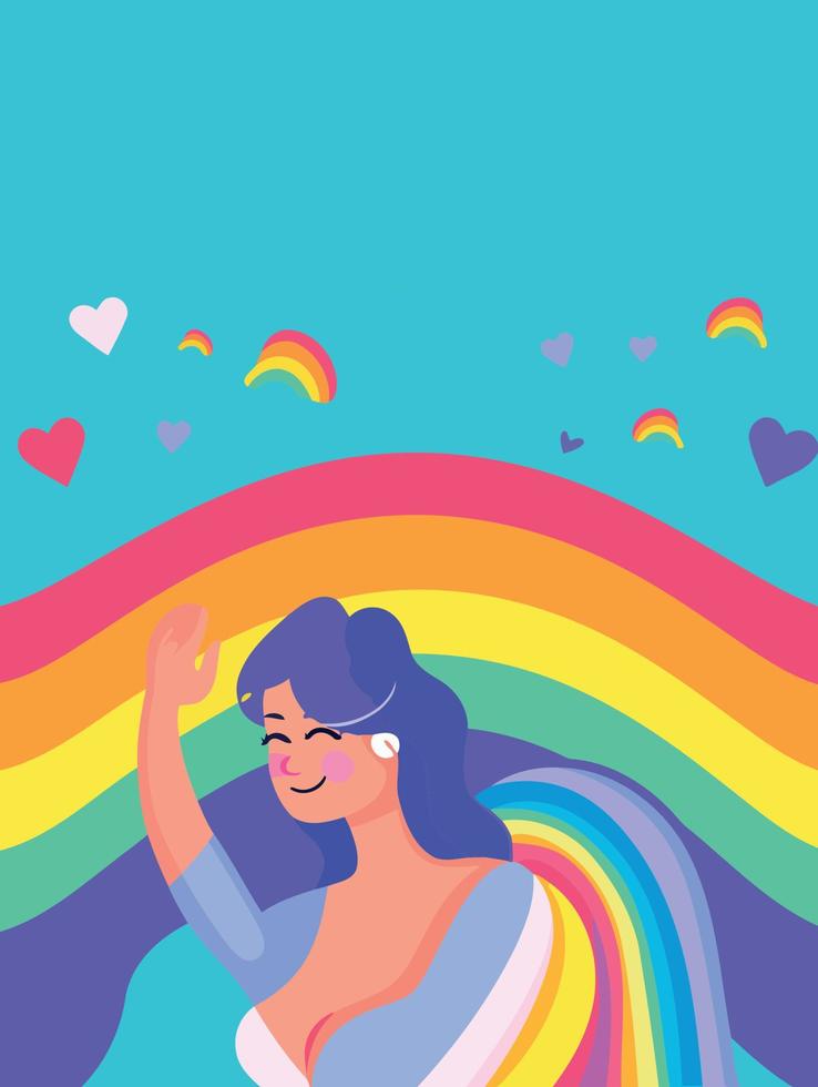 lgbt orgulho dia ou mês feliz mulher com arco Iris e corações vetor