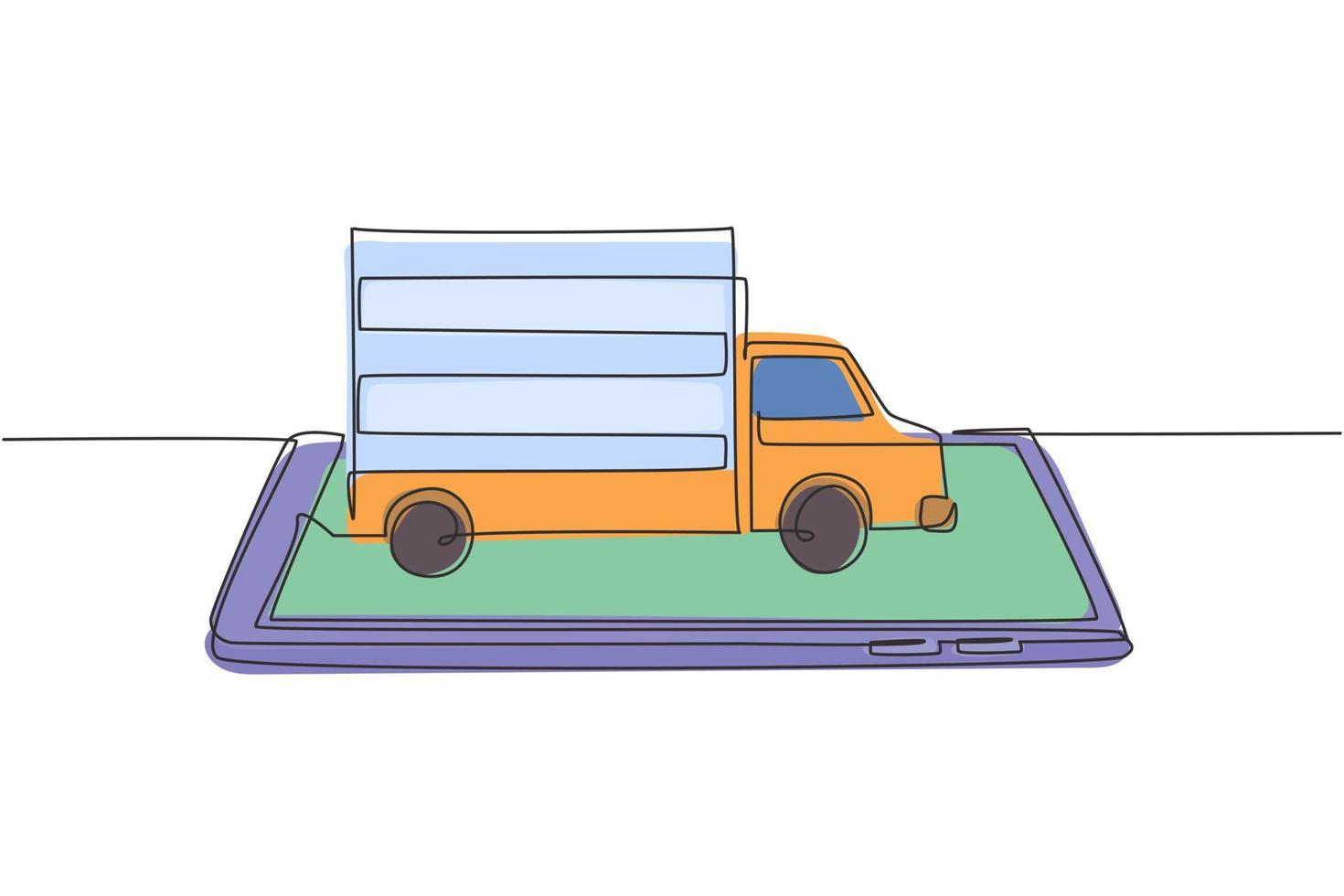 carro de entrega de desenho de linha contínua entrega pacotes e passeio na tela do smartphone. serviço de entrega online. conceito de pacote de entrega rápida. ilustração gráfica de vetor de desenho de linha única