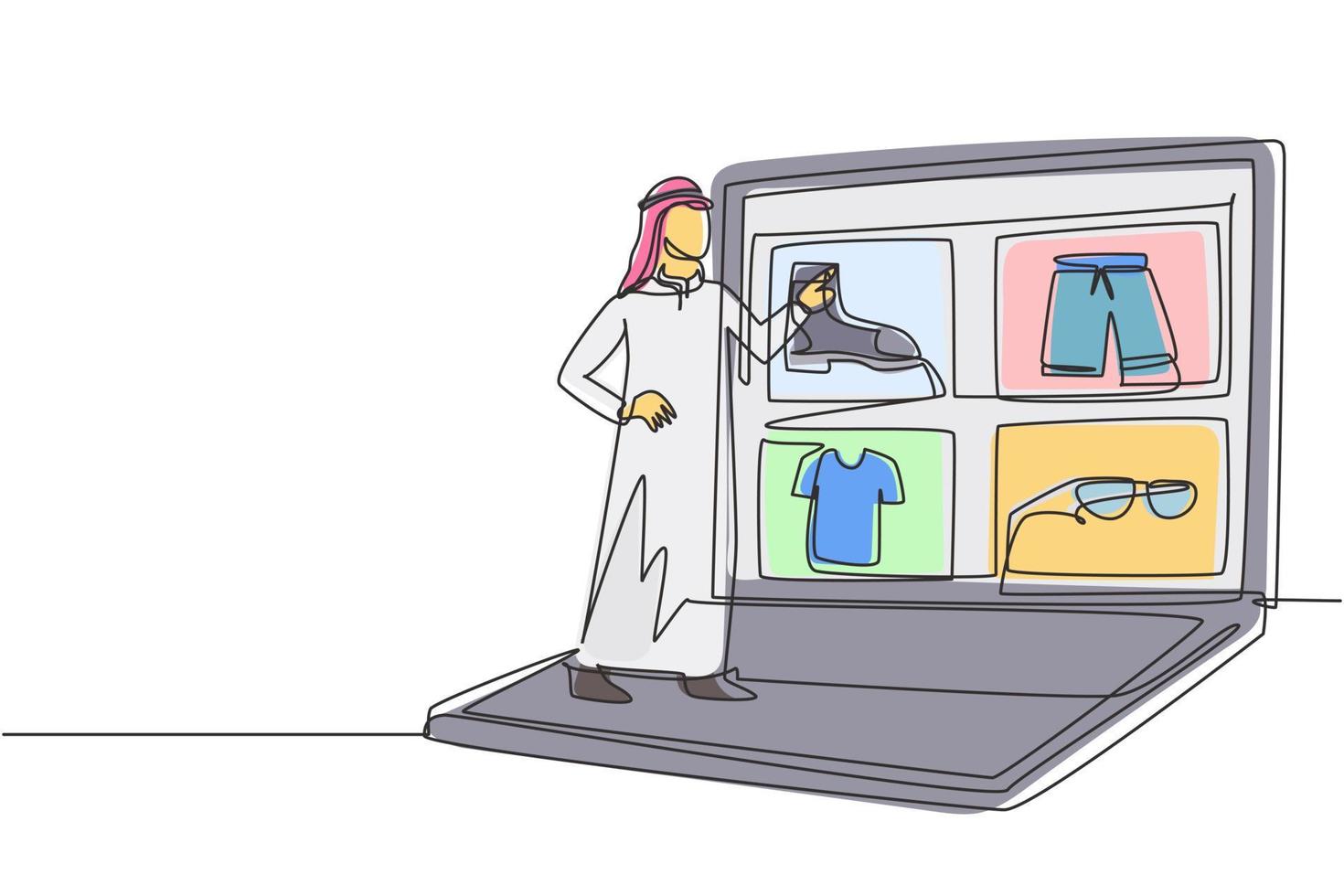 contínua uma linha de desenho jovem árabe escolhendo itens de compras em uma tela de laptop gigante. e-commerce, estilo de vida digital com conceito de gadgets. ilustração gráfica de vetor de desenho de linha única