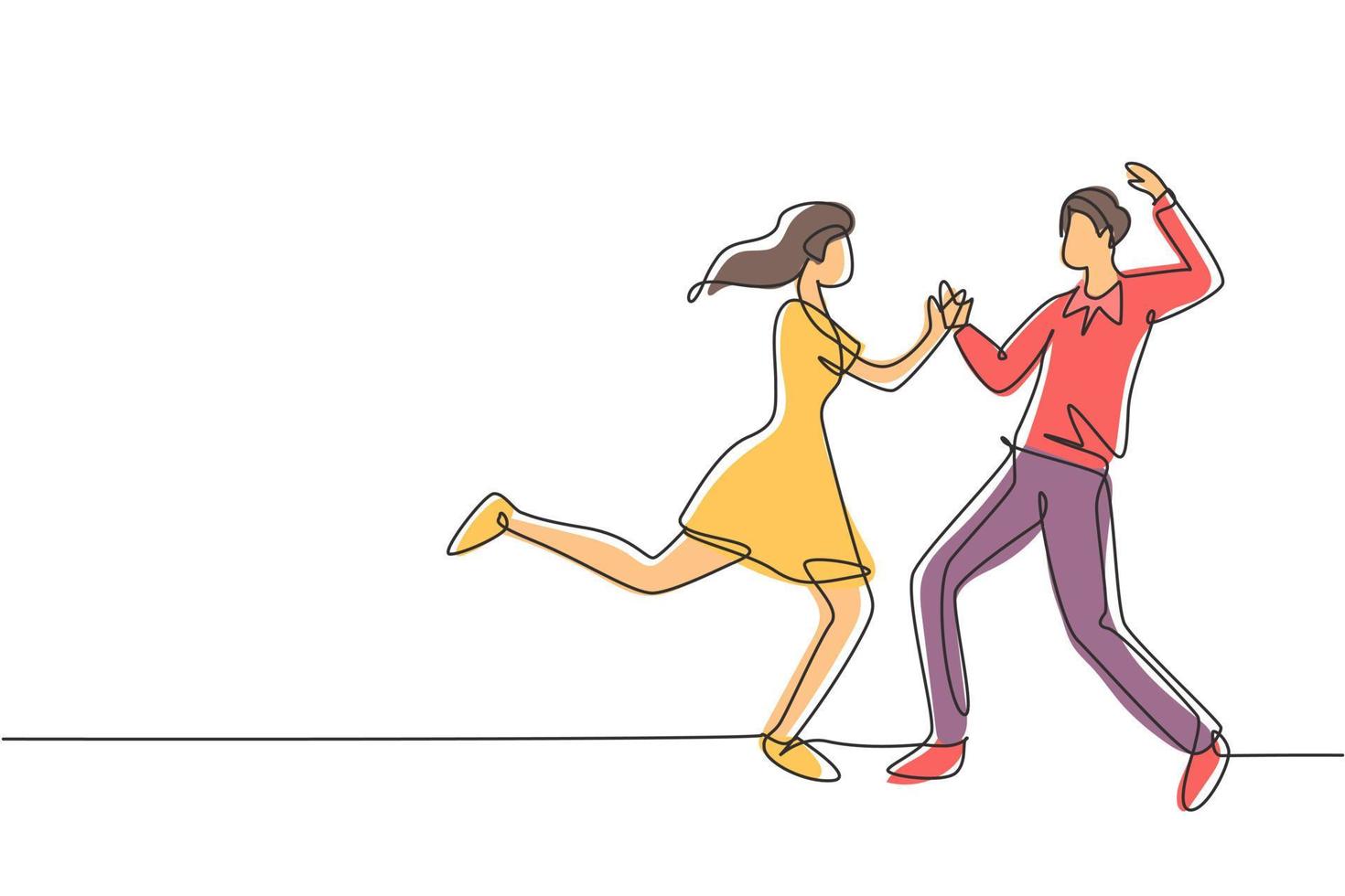 contínuo um desenho de linha casal feliz homem e mulher realizando dança na escola, estúdio, festa. personagens masculinos e femininos dançando tango juntos. ilustração gráfica de vetor de desenho de linha única