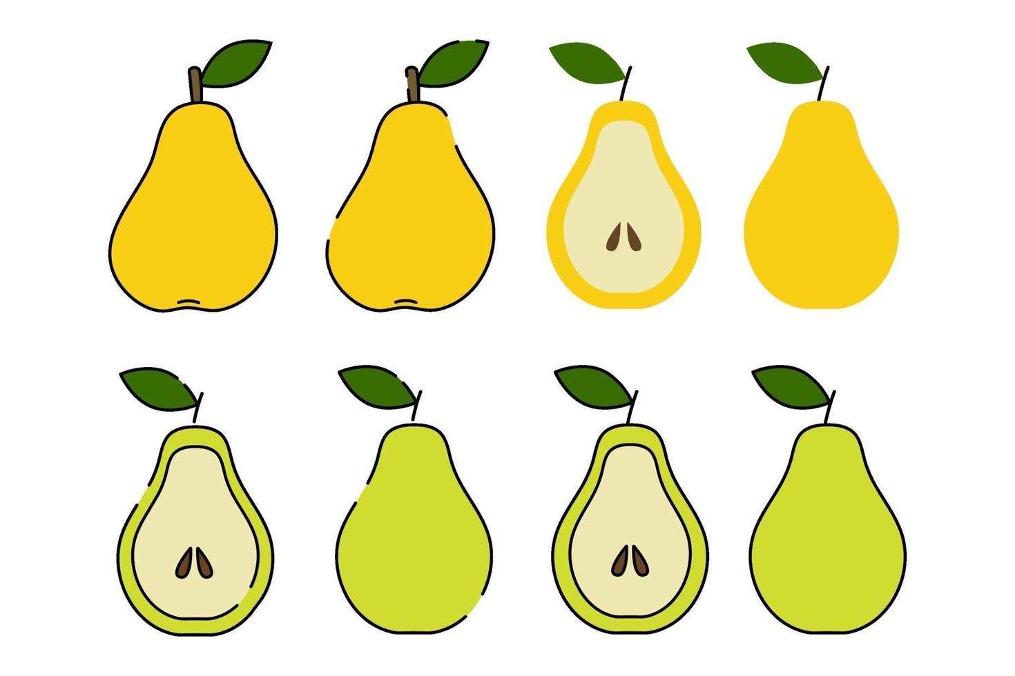 pêra verde e amarelo. estilo simples dos desenhos animados. Isolado em um fundo branco. ilustração vetorial. frutas fatiadas com sementes. vetor