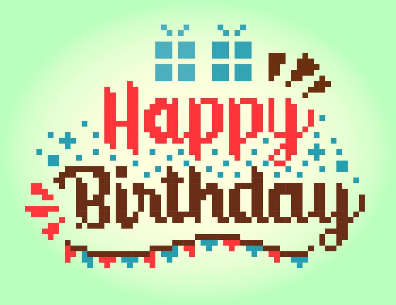 8 bits pixel do feliz aniversário cumprimento cartão. ilustração do pixel arte vetores. vetor