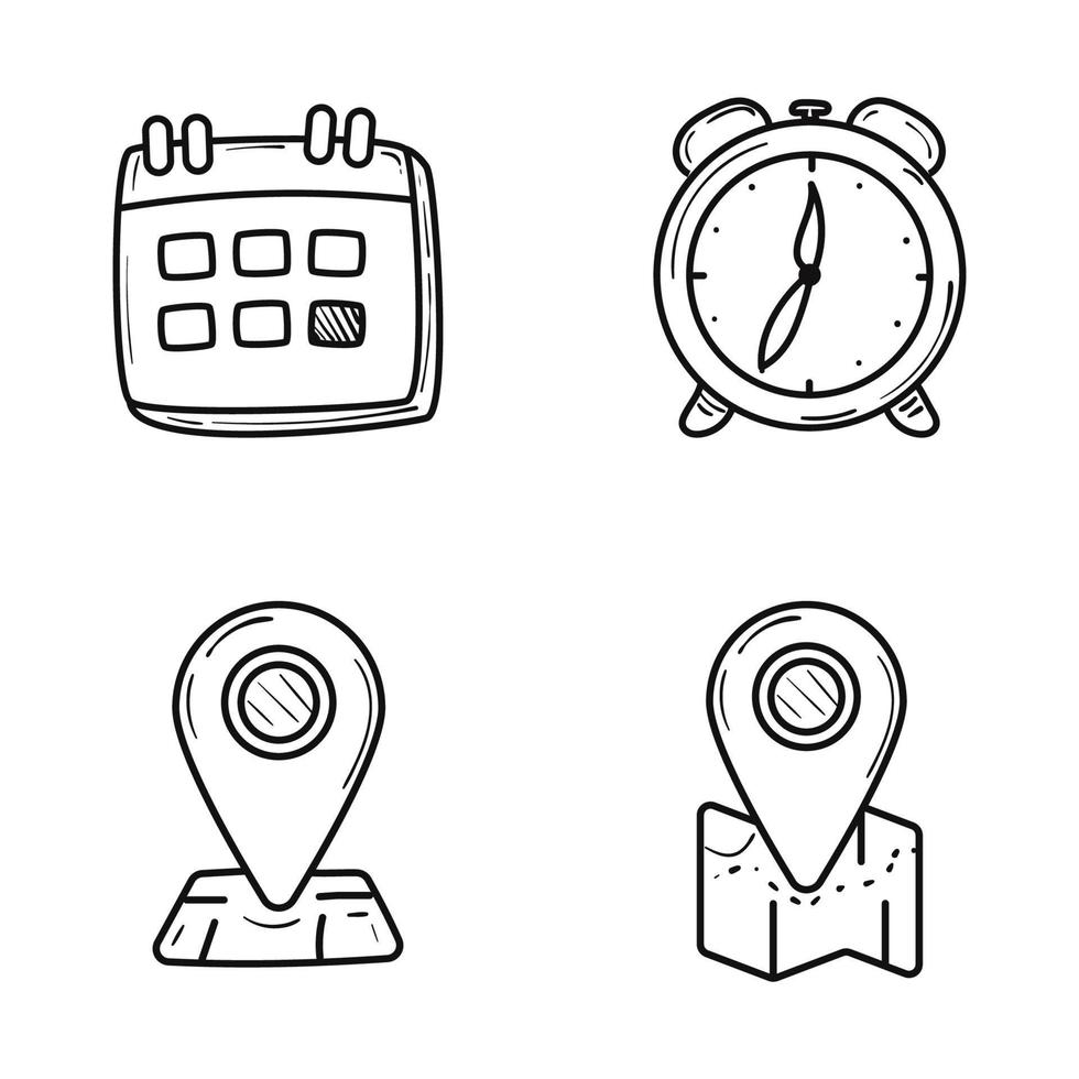 conjunto do Tempo e localização ícone com rabisco estilo isolado em branco fundo vetor