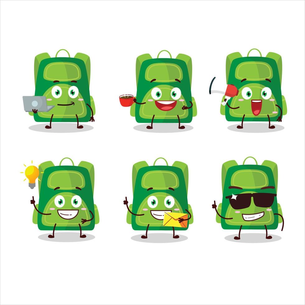 verde escola saco desenho animado personagem com vários tipos do o negócio emoticons vetor