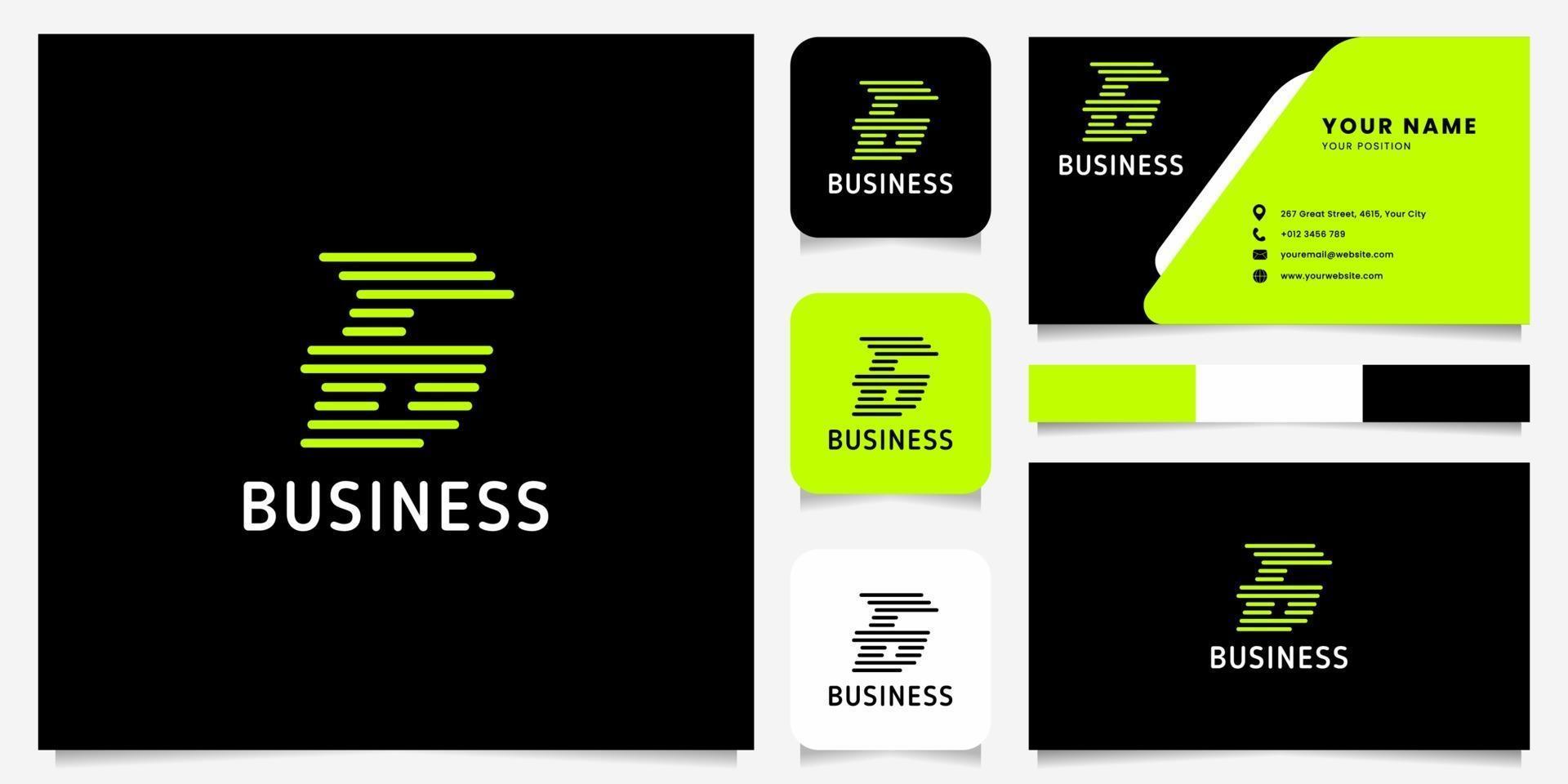 seta verde brilhante linhas arredondadas logotipo da letra g em fundo preto com modelo de cartão de visita vetor