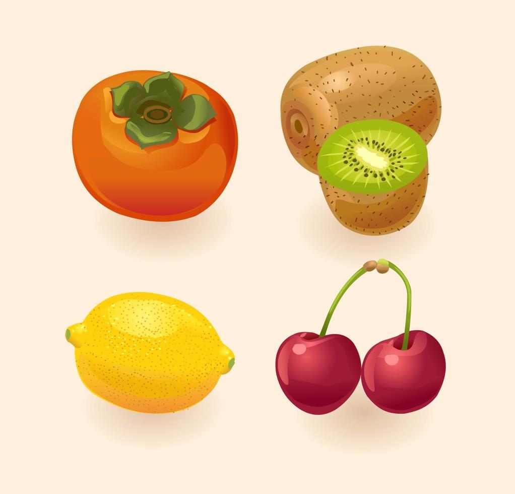 fruta isolada em uma luz background.persimmon, kiwi, limão, cereja. conjunto de frutas. ilustração vetorial vetor