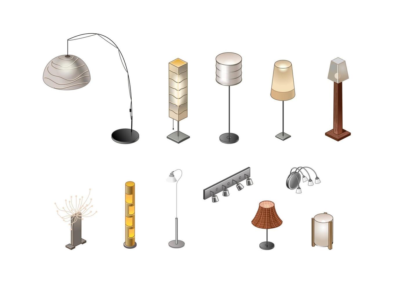 dispositivos de iluminação, lâmpadas de assoalho, lâmpadas, lâmpadas para o interior, piso e parede. ilustração vetorial de isometria vetor