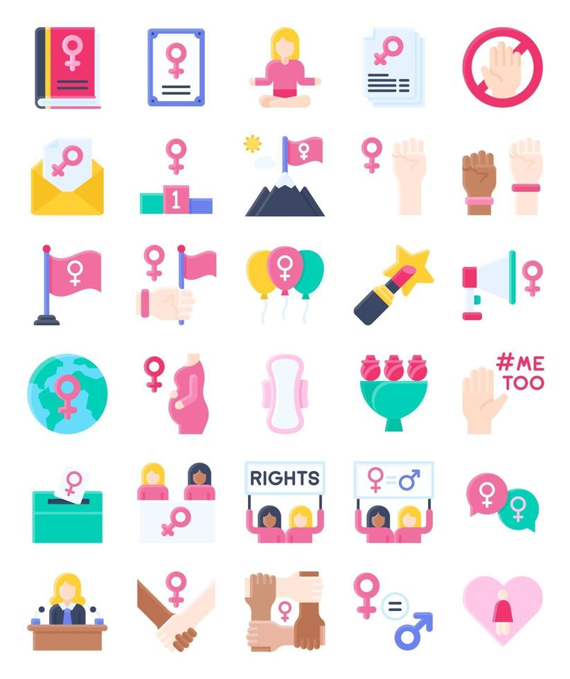 conjunto de ícones planos relacionados ao feminismo 2, ilustração vetorial vetor