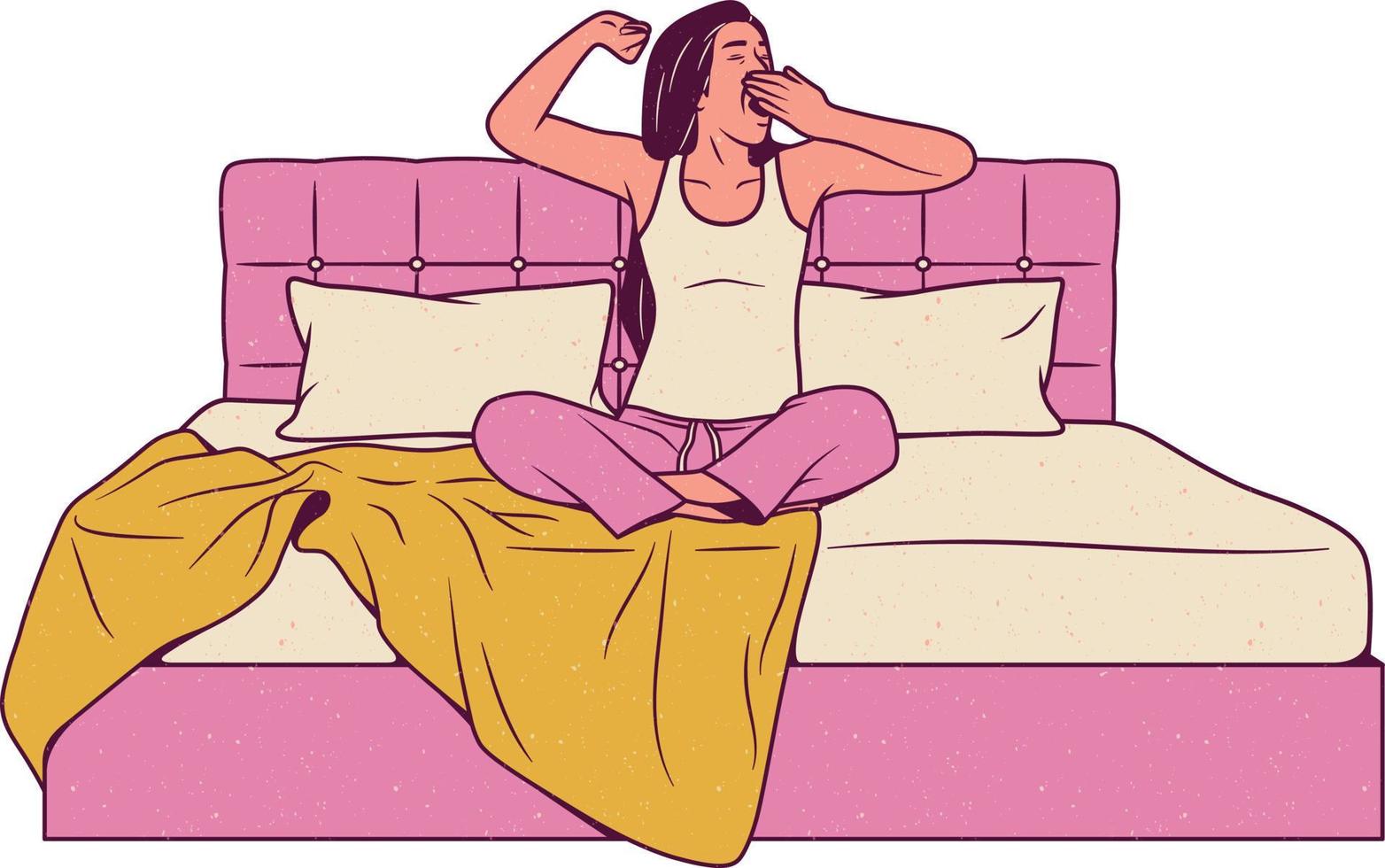 mulher dormindo dentro a cama e bocejando sobre branco fundo, vetor ilustração