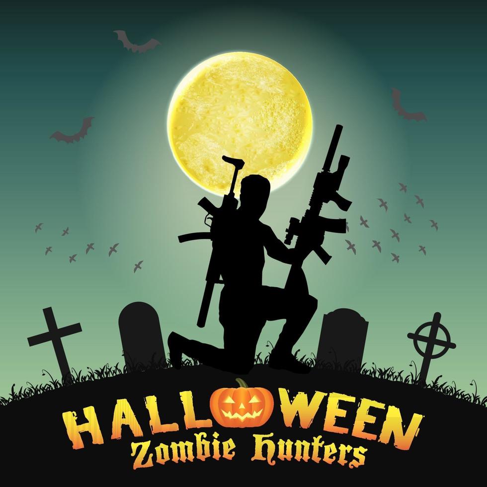 caçador de zumbis de halloween com rifle no cemitério vetor